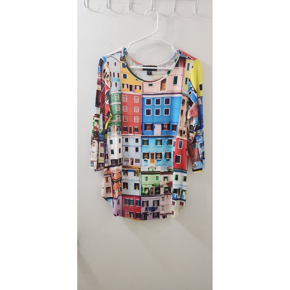 Karen Kane Womens Multicolor Burano Building Print 3/4 Sleeve Scoop Neck Top M